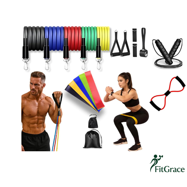 Kit 20 Itens Treino em Casa FITGRACE: Elásticos + Mini Band + Thera Band + Corda De Pular + Cross Tube